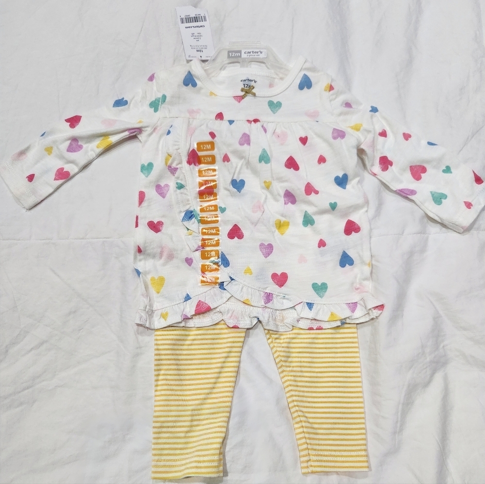 NWT Carter's 2 piece Outfit Heart Print Top Striped Pants Yellow White size 12M